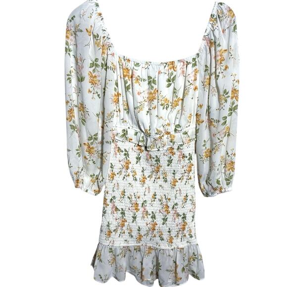 ACOA Smocked Off Shoulder Ruched Ruffle Floral Mini Babydoll Dress Sz Small - Picture 7 of 7